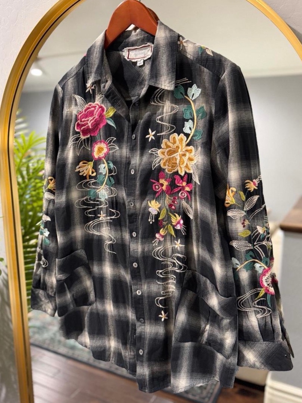 Johnny Was Black Plaid Button-Down Shirt with Floral Embroidery